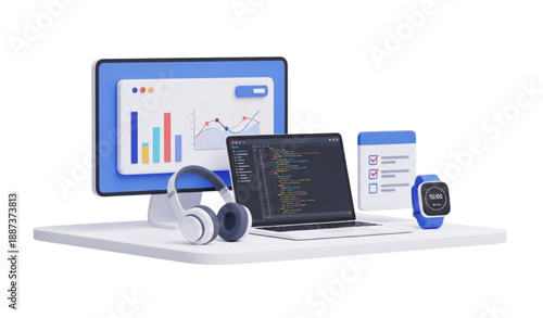 3D digital study and online class setup vector illustration