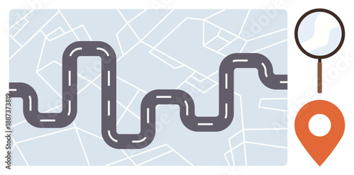 Navigation, travel planning, route tracking, GPS systems, exploration, digital maps. Winding road on abstract map with magnifying glass and location pin. Navigation and travel planning concept