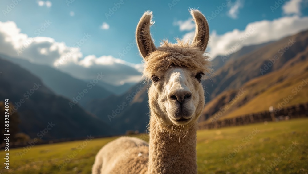 Obraz premium Llama grazing in a field in Peru