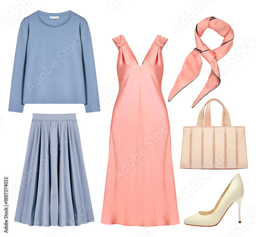 a stylish flat lay outfit featuring a light blue long-sleeved top and matching midi skirt, paired with a peach satin dress, a patterned silk scarf, cream pumps, and a beige handbag.