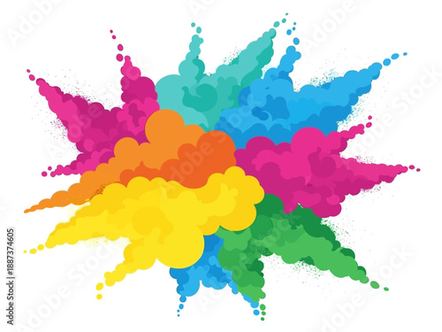 Radial burst of vibrant magenta yellow blue green and orange colored powder clouds