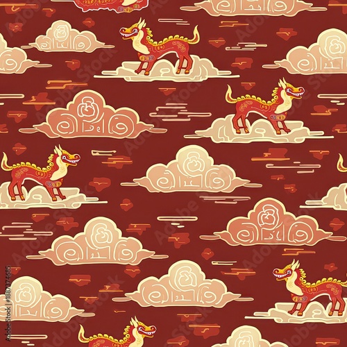 Colorful Dragon and Cloud Pattern on Red Background for Design