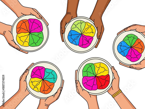 Five plates held by different hands each with colorful segmented designs