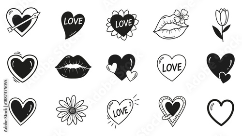 Collection of Hand Drawn Hearts and Romantic Symbols for Valentines Day.