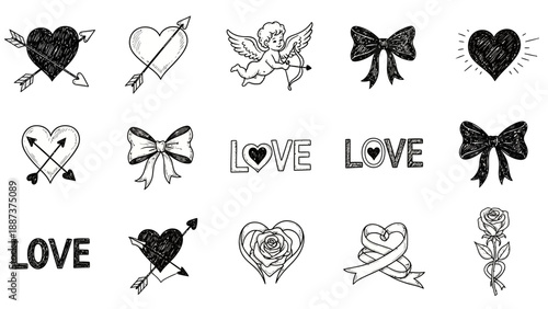 Collection of Hand Drawn Love and Valentines Day Themed Doodles.