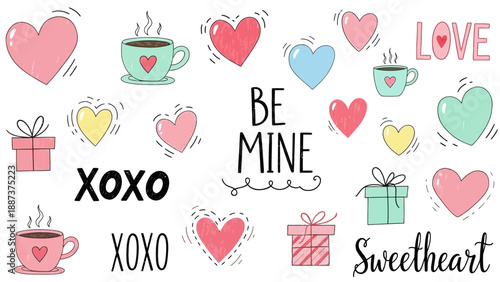 Collection of hand-drawn hearts, coffee cups, gift boxes, and romantic text for Valentines Day.
