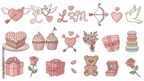 Collection of Valentines Day Symbols and Gifts.