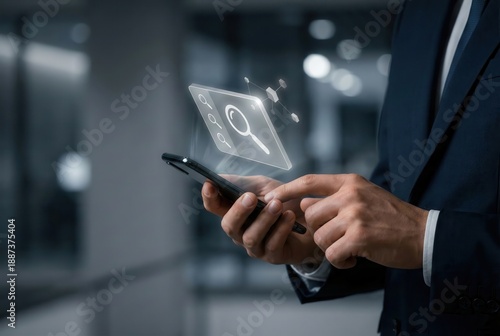 Wallpaper Mural Digital Search: A focused individual in professional attire engages with a smartphone, interacting with an overlaid magnifying glass icon. Torontodigital.ca