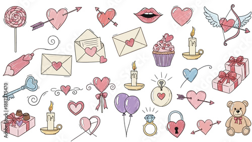 Collection of Valentines Day Symbols and Objects.
