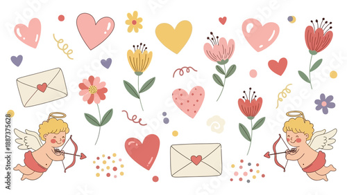 Cute Cupids Hearts Flowers and Envelopes Valentines Day Elements.