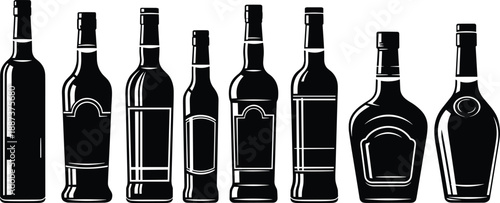 Alcohol and Liquor Bottle Silhouette Collection, Various Glass Spirits Containers, Wine and Whiskey Bottles Vector Illustration for Bar Menu and Pub Branding Design