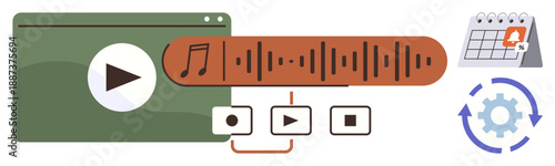 Audio production, video editing, media controls, content scheduling, streaming services, workflow automation. Media playback screen and control icons. Audio production and video editing concept
