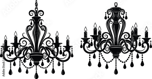 Black silhouettes of vintage crystal chandeliers with burning candles, elegant hanging ceiling lamps, luxury interior lighting design elements for classic home decor, vector set