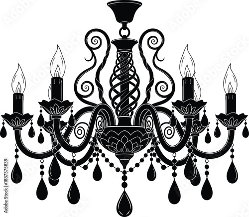 Black silhouettes of vintage crystal chandeliers with burning candles, elegant hanging ceiling lamps, luxury interior lighting design elements for classic home decor, vector set