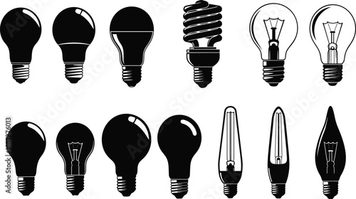 Collection of Different Light Bulb Silhouettes and Icons, Set of Energy Saving LED, Incandescent, Filament and Fluorescent Lamps, Vector Illustration for Idea and Innovation Concepts