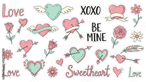 Hand drawn Valentines Day doodle set with hearts, flowers, and romantic text.