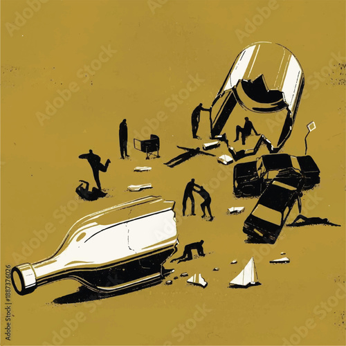 Broken robot lying on ground with scattered pieces around it