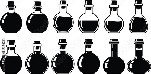 Collection of various potion bottle icons, mystical alchemy liquid containers, magic brew flasks, glass apothecary jars, laboratory equipment, fantasy rpg game assets, vector illustration elements.