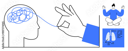 Mental health, stress management, mindfulness, self-care, relaxation techniques, holistic well-being. Hand unraveling the tangled mind, meditating figure and lung health visual. Mental health