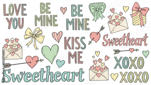 Hand Drawn Valentines Day Elements with Love Messages and Hearts.