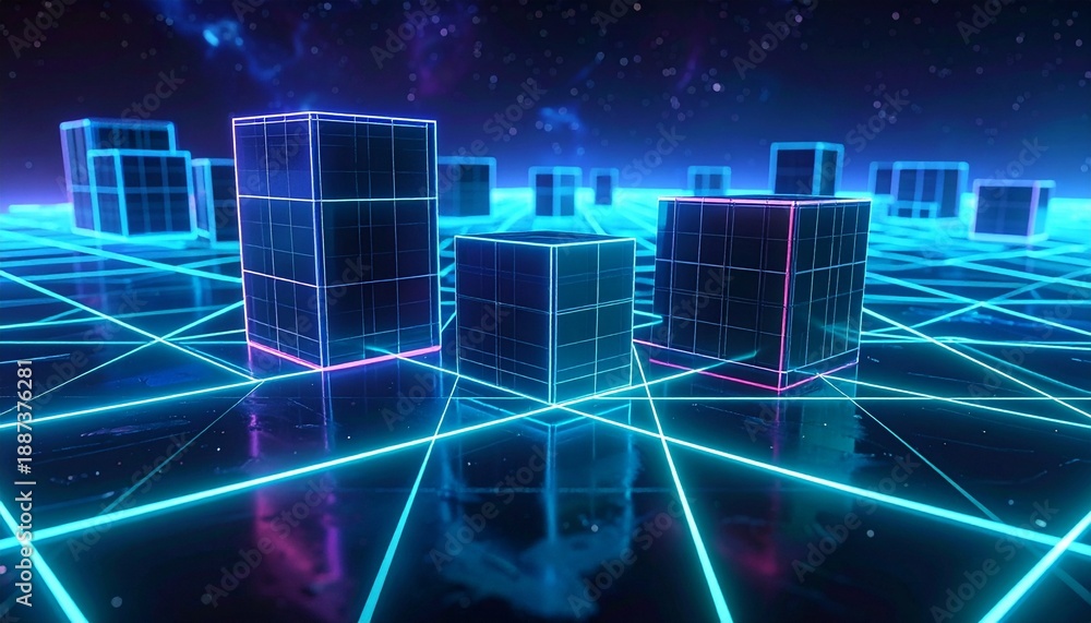Obraz premium neon grid background with glowing cubes.