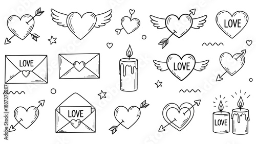 Hand-drawn doodle set of romantic love symbols and elements for Valentines Day.