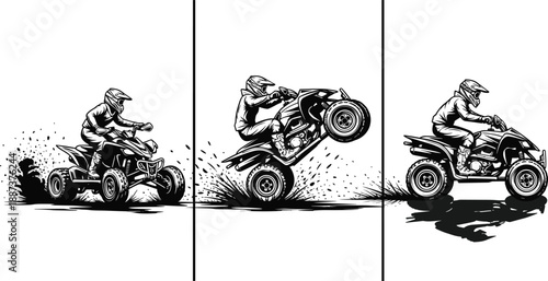 Dynamic Set of ATV Quad Bike Racing Illustrations, Extreme Off-Road Motorsport Silhouettes, Rider Performing Stunts and Wheelies in Dirt, All-Terrain Vehicle Vector Graphics for Competition