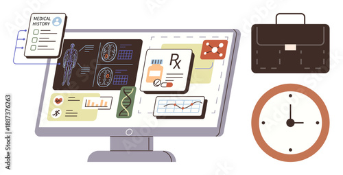 Digital health, telemedicine, medical diagnostics, healthcare tech, data management, workplace tools. Computer displaying medical data and reports. Digital health and telemedicine concept