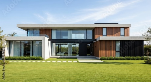 A modern, minimalist house with large glass windows and a flat roof.