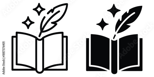 Open book with quill and stars, symbolizing creativity, writing, and imagination in a simple vector design.