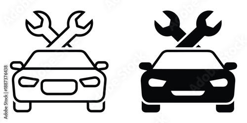 Car repair and maintenance icons with wrenches and car silhouette, black and white vector graphic.