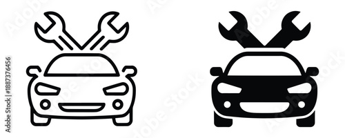 Two black icons showing a car with wrenches above, representing auto repair or car service.