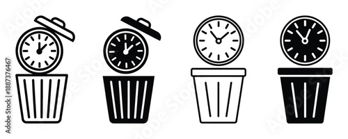 Four black and white icons depicting clocks inside trash cans, symbolizing time waste or deletion.
