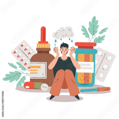 Overwhelmed person struggling with medication and health supplements