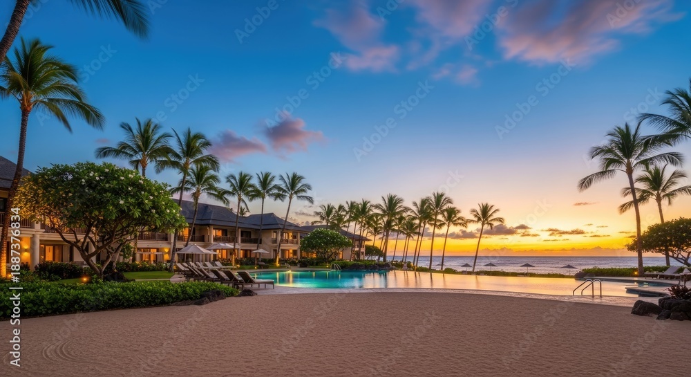 Fototapeta premium A serene beachside resort with a pool and palm trees at sunset.