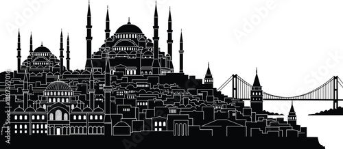 Istanbul skyline silhouette illustration featuring historic mosques with minarets, the Bosphorus bridge, Galata tower, and traditional Ottoman architecture for Turkish tourism and travel backgrounds.