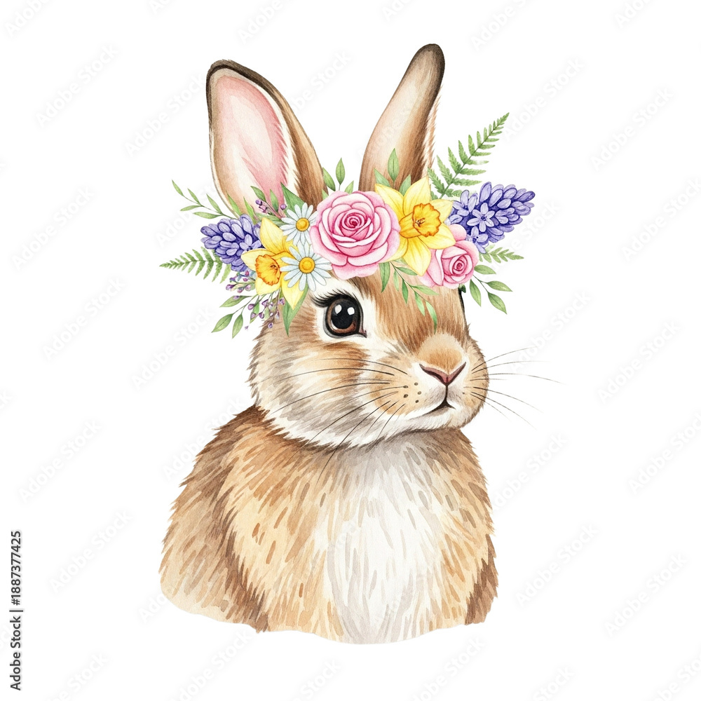 Fototapeta premium A cute rabbit wearing a colorful floral crown on its head