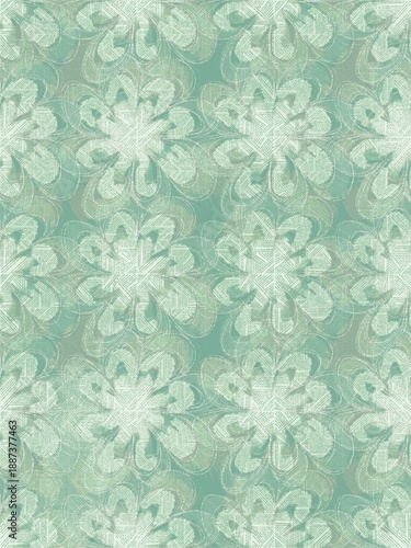 Patterned floral wallpaper background with bright colors and stitched elements

