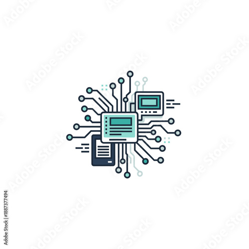 Digital Circuit Board with Electronic Components and Wires in a Technological Setup