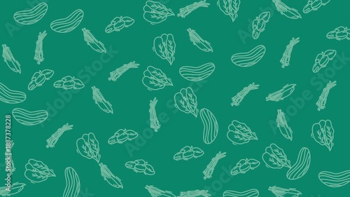 Pattern depicting asparagus and cucumbers, ideal for food packaging design, menu backgrounds, or kitchenrelated projects requiring a fresh, veggiethemed look.