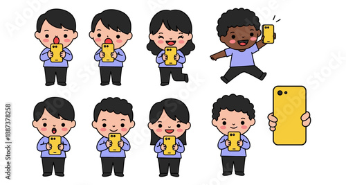 Cute Cartoon Characters Set Holding and Using Mobile Phones