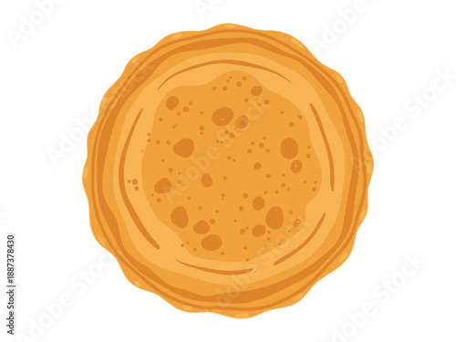Topdown view of a goldenbrown slightly uneven circle resembling a pancake or crepe