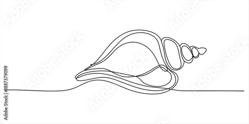 Elegant continuous line drawing of a spiral seashell on a clean white background