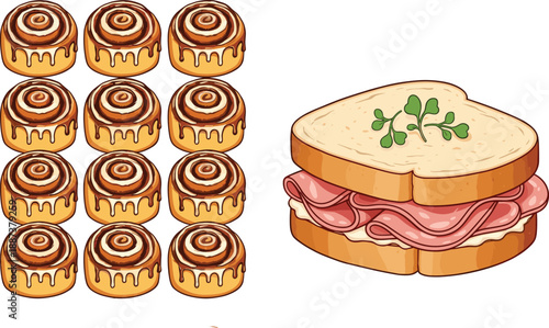 Sweet cinnamon rolls and ham cheese sandwich vector illustration set with bakery dessert and savory food elements