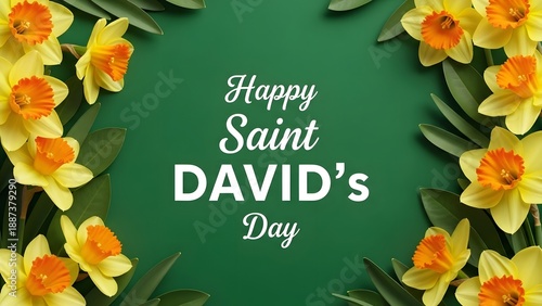 Happy st david's day wales celebration with daffodils and green background