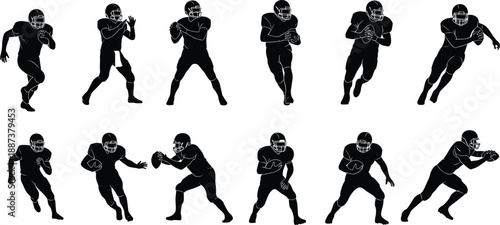 American football player silhouette set with quarterback throwing running and catching actions isolated on white background for sports graphic design