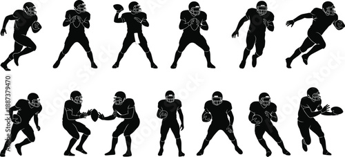 Action Football Player Silhouette Set Featuring Quarterbacks Throwing Passing Running and Catching American Football Athletes Isolated on White Background Vector