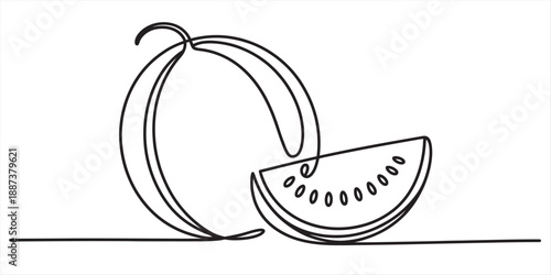 Continuous line art drawing of a fresh watermelon and a refreshing slice