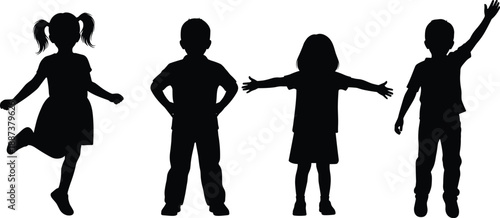 Black silhouettes of four diverse happy children in playful poses including jumping and waving isolated on a white background vector.