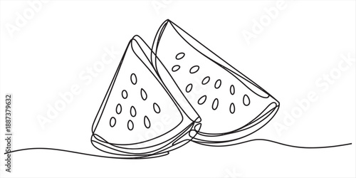 Minimalist continuous line art drawing of two fresh watermelon slices